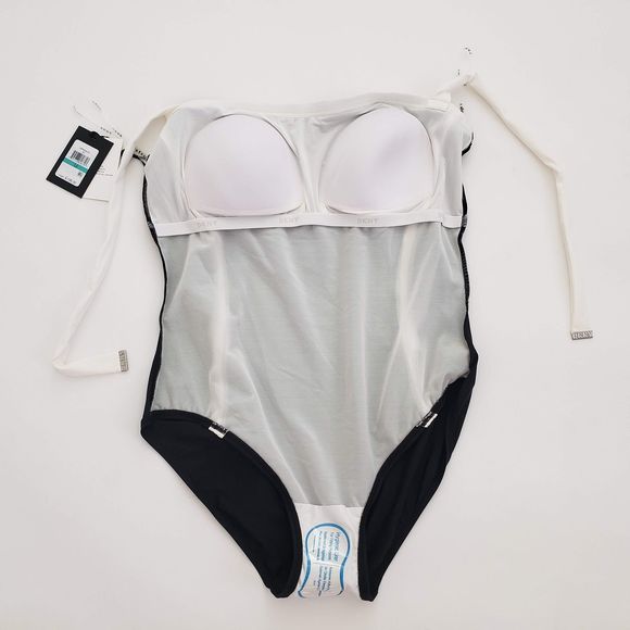 New DKNY Plus Size 16 One Piece Halter Swimsuit Black Whit Shelf Bra Compression - Picture 9 of 14